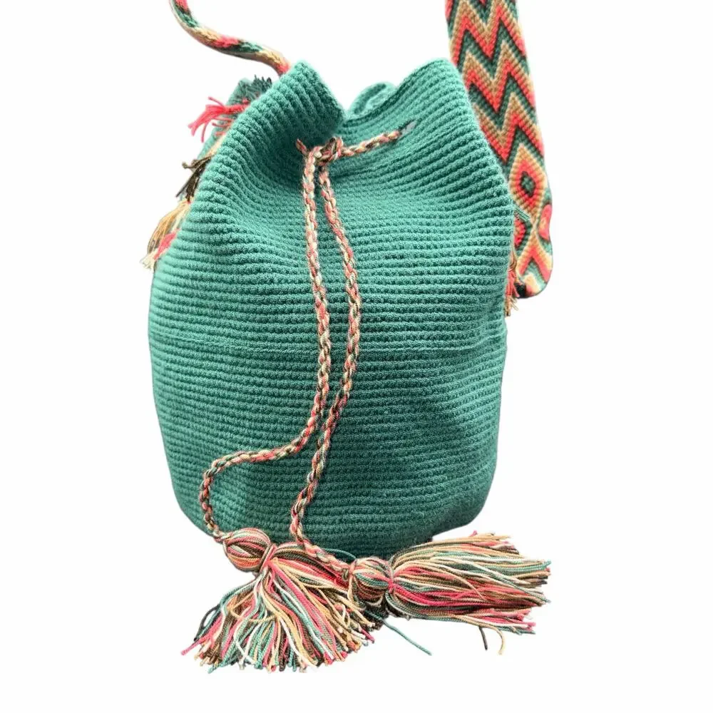 Wayuu Mochila Bag Aqua and pink Handmade Colombian Woven Tassel Strap